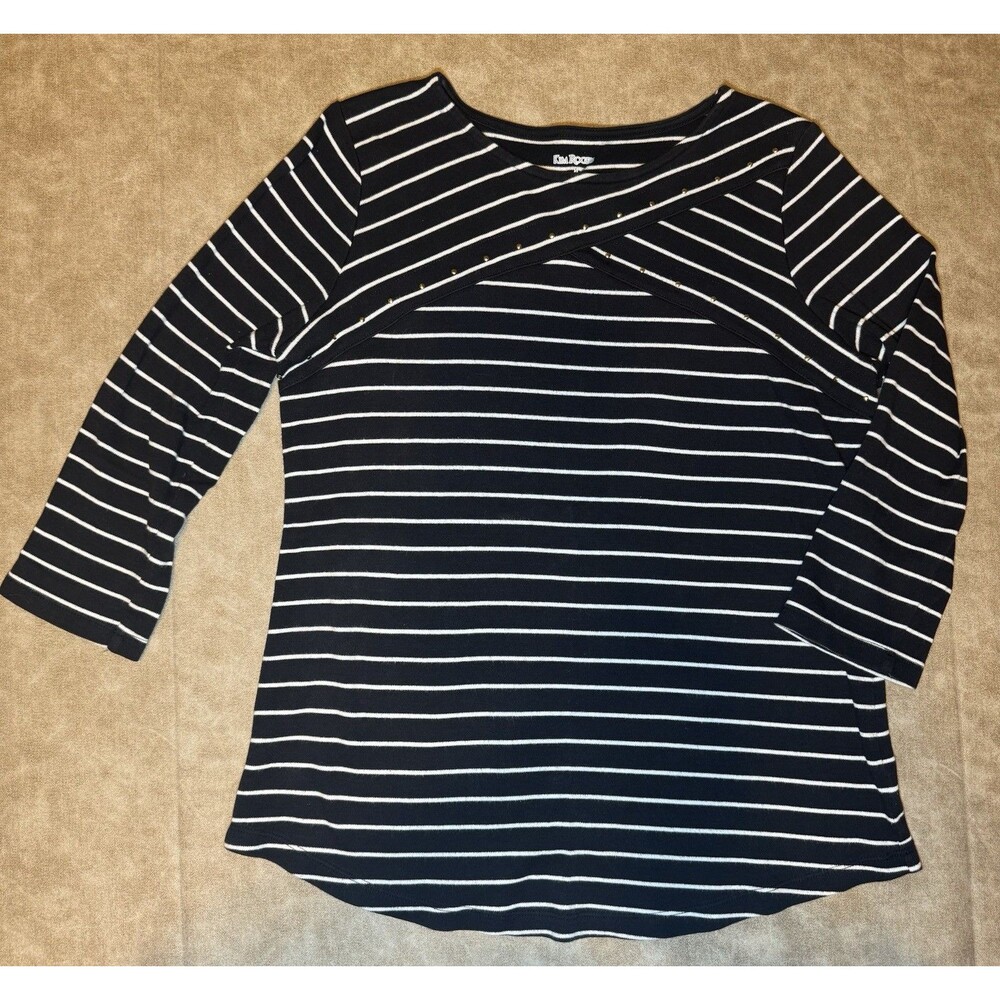 Kim Rogers Shirt, Women's Size SMALL White Black, Striped, Studs, 3/4 Sleeve
